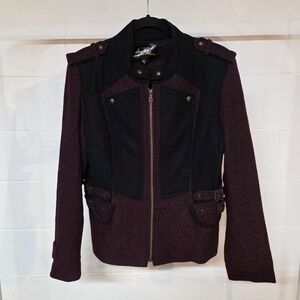 Sam Edelman XL Burgundy Black Wool Blend Moto Military Jacket Buckle Detail‎